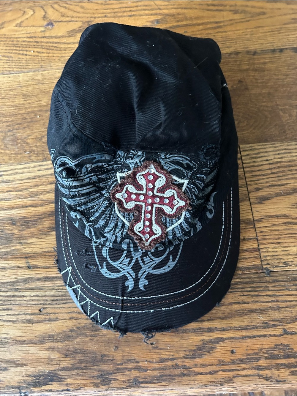 Vintage Womens Leader Hat Cap Bling Distressed Cross Angel Wings Y2K Goth Edgy